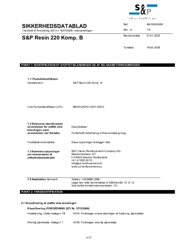 Sikkerhedsdatablad (SDS) S&P Resin 220 Komp. B